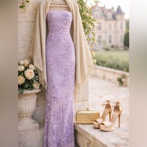 ROTATE 3D Floral Mesh Maxi Dress Lavender Aura Strapless Gown EU 38 NWT